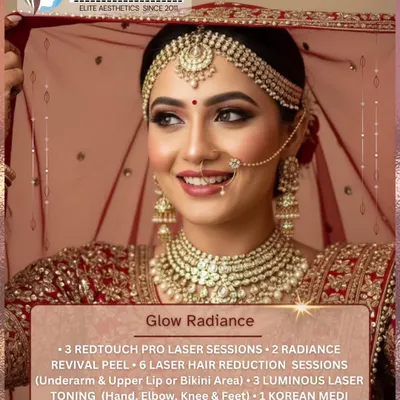 Our ultimate bridal package, Glow Radiance, is designed for a complete transformation. It includes six laser hair reduction sessions, advanced peels, and laser toning to ensure you are firm, flawless, and radiant from every angle on your special day.
