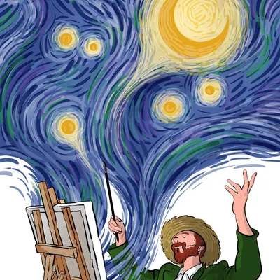 Here, the artist becomes a conductor of the cosmos. I show Vincent with his back to us, orchestrating the swirling energy of the "Starry Night" onto his canvas, transforming the symphony of nature into a visual masterpiece.