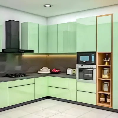 A fresh and modern kitchen with mint green high-gloss cabinets and integrated appliances for a seamless look.