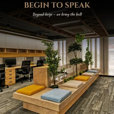 My philosophy is to go beyond beige and bring boldness into professional spaces. This design uses biophilic elements and pops of color in a breakout area to create a workspace that has character and energy.