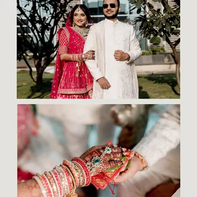 A diptych showing a modern couple portrait alongside a close-up of the kanyadaan ritual, blending contemporary style with sacred tradition.