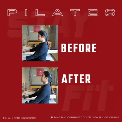 The results speak for themselves. This before and after shot shows a significant improvement in posture and spinal alignment after consistent Pilates sessions, highlighting a key benefit of the practice.