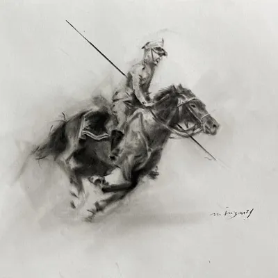 'Galloping Spirit' is a charcoal drawing where I tried to capture pure motion. Using broad, sweeping strokes and smudging, I depicted the energy and power of a horse and rider in full gallop.