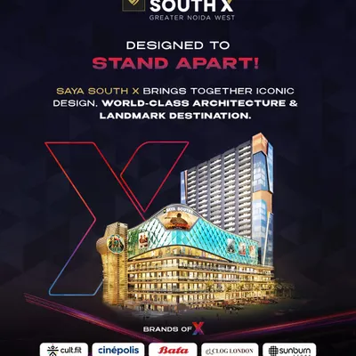 Saya South X is designed to stand apart with its iconic design and world-class architecture. This visual highlights the project's unique structure and lists some of the major brands like Cult.fit and Cinépolis that have chosen this landmark destination.