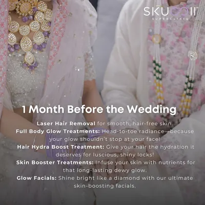 Your wedding preparation should start well before the big day. This is a sample timeline for one month before the wedding, including treatments like laser hair removal, full body glow treatments, and skin boosters to ensure you look and feel flawless.