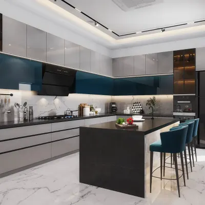 A sleek and modern kitchen designed for a residence in Rohtak. It features high-gloss grey and deep blue cabinetry, a functional island with seating, and integrated high-end appliances, making it perfect for both cooking and socializing.