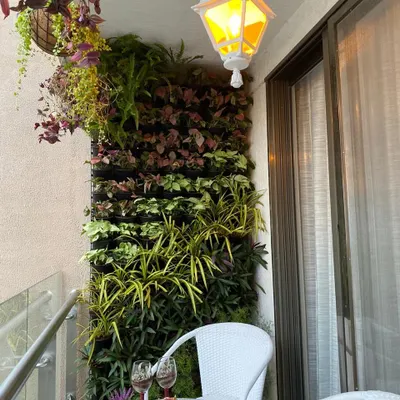 A perfect example of how a vertical garden can maximize greenery in a small space. This living wall on a client's balcony serves as a beautiful, natural backdrop that requires minimal floor space.