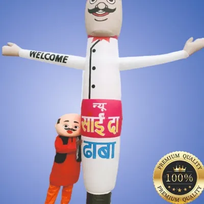 Here you can see a custom mascot and an inflatable air dancer we made for a restaurant client. We work with businesses to create characters that match their brand identity and attract foot traffic.