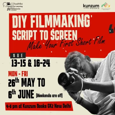 Your story, from script to screen. This poster for our DIY Filmmaking Workshop highlights the comprehensive experience we offer for teens, covering all stages of production.