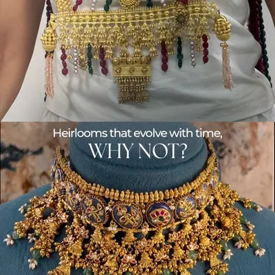 A powerful before and after. We transformed a traditional gold kamarpatta, or waist belt, into a magnificent bridal choker, adding intricate details and colorful stones to make it a modern heirloom.