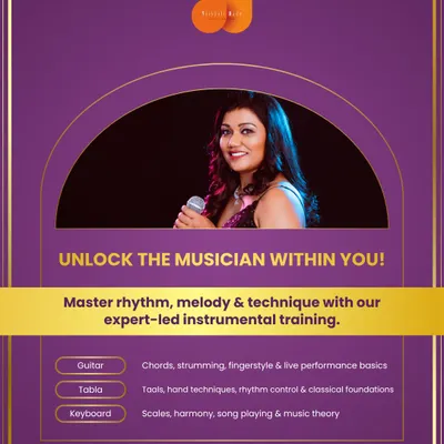 Unlock the musician within you with our expert-led instrumental training. We offer detailed courses for Guitar (chords, strumming), Tabla (taals, hand techniques), and Keyboard (scales, harmony, music theory).