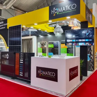 Our booth at the D-arc BUILD 2024 exhibition, fully set up to showcase our smart and sustainable living solutions. We featured everything from entrance automation and solar panels to our integrated home control systems.