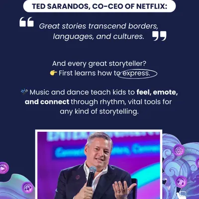 As the CEO of Netflix says, great stories transcend borders. We believe every great storyteller first learns how to express themselves, and music and dance are vital tools for teaching that skill.