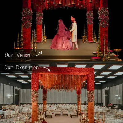 From a detailed 3D render to a breathtaking reality. This image showcases our commitment to bringing your vision to life, demonstrating how we translate a design concept into a grand, fully-realized wedding mandap.