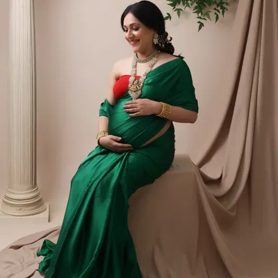 A beautiful celebration of tradition and motherhood. The rich green of the saree, paired with traditional jewelry, creates a stunning and culturally rich maternity portrait.