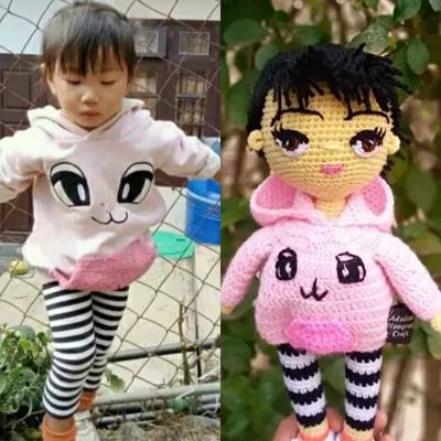 This side-by-side shows how I transform a photograph into a cherished keepsake. I recreated this little girl's outfit, from her pink hoodie to her striped leggings, in a custom portrait doll.