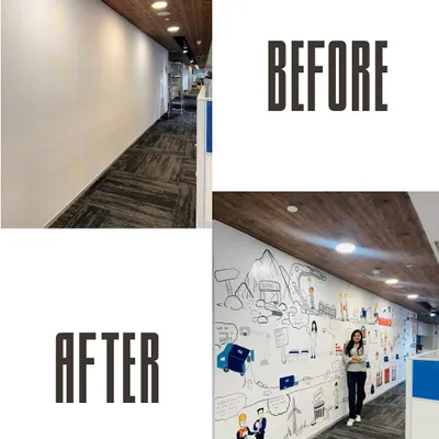 The transformation is always my favorite part. Here’s a before-and-after look at the 24-foot hallway at RHI Magnesita, showing how a blank wall became a dynamic storyboard for their company's journey.