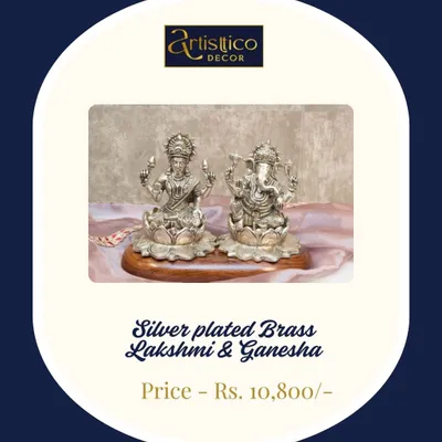 Bring home blessings with this silver-plated brass Lakshmi and Ganesha idol set. The intricate detailing makes it a beautiful centerpiece for your pooja room.