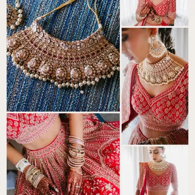 A collage showcasing the bride's stunning wedding jewelry, including her necklace, earrings, and bangles, as well as her intricate red lehenga.
