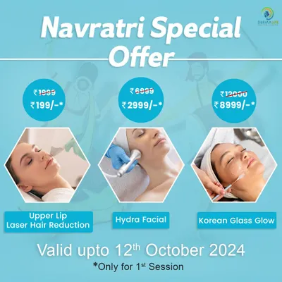 Our Navratri Special Offer includes great prices on popular services like Upper Lip Laser Hair Reduction, Hydra Facial, and the Korean Glass Glow. These offers are for a limited time to help you glow during the festive season.