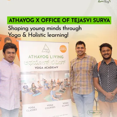 We are proud to partner with the office of Tejasvi Surya to shape young minds through yoga and holistic learning. This image shows our collaboration for the Bengaluru South Summer Camp.