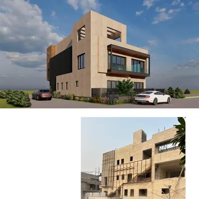 A composite image showing the 3D render and the on-site construction progress of the "Radhe Radhe" house. This demonstrates our commitment to translating a client's dream from a digital concept into a tangible, physical home.