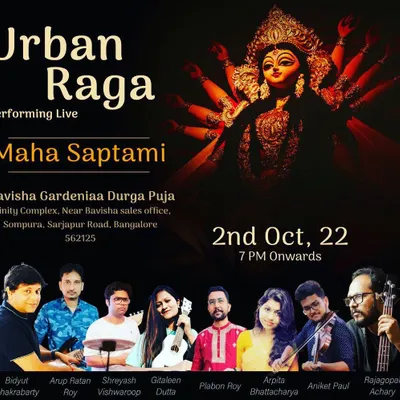 Our live band is a popular choice for Durgotsav and other cultural festivals across Bangalore. This poster for our Maha Saptami performance highlights our talented lineup of musicians who bring authentic Bengali and folk fusion music to life.