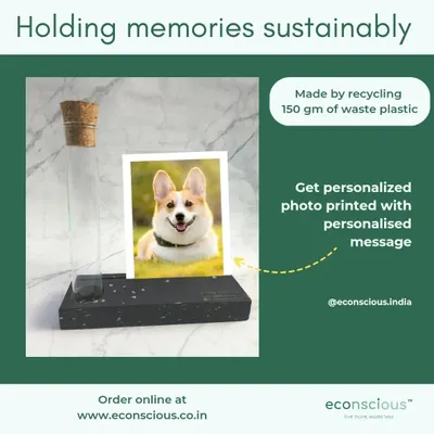 Hold your memories sustainably with our personalized photo holder. Made from 150 grams of waste plastic, it also includes a test tube vase, making it a perfect, multi-functional gift.