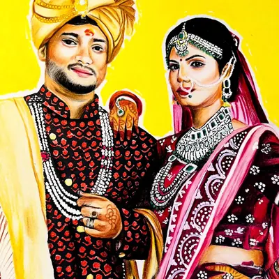My first wedding commission work. I used color pencils to capture the richness of the couple's wedding attire, from the groom's turban to the bride's intricate lehenga.