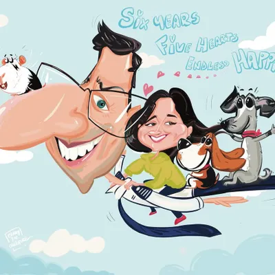 This magical family portrait features a couple soaring through the sky with their two dogs and guinea pig. It’s a perfect example of how I combine multiple family members and pets into a single, imaginative scene.