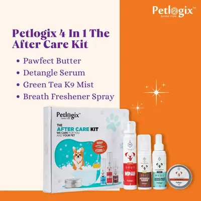 My 4-in-1 After Care Kit is the perfect way to maintain your pet's freshness. It includes Pawfect Butter for paw pads, Detangle Serum for a smooth coat, Green Tea K9 Mist for a refreshing scent, and a Breath Freshener Spray for dental hygiene.