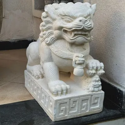 A detailed look at one of our sandstone Foo Lions. Notice the intricate carving on the mane, the powerful stance, and the symbolic ball under its paw, representing dominion over the world.