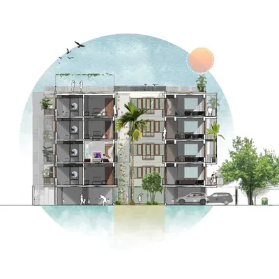 The courtyard is the heart of a home. This architectural section drawing shows how a central open space can bring natural light and hawa deep into every room. It creates a shared space for families to connect and ensures the home feels alive and ventilated, reducing the need for artificial lighting and cooling.