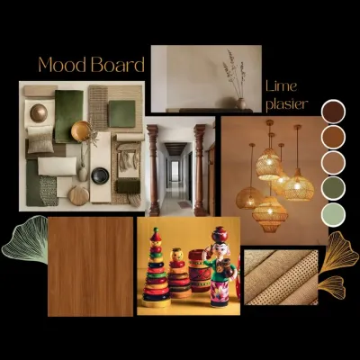 Every design begins with a feeling. This mood board for the Gopalan Florenza apartment captures the essence of our client's dream: the warmth of wood, the earthiness of lime plaster, and the vibrant touch of Channapatna crafts, all inspired by coastal Karnataka.