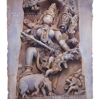 "Mahishasur Mardini," a detailed watercolour from my stone series. This piece, which was exhibited at my solo show, is a prime example of how I use paint to replicate the feel of carved stone.
