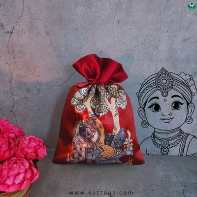 The most popular theme for Indian birth announcements is Krishna. This beautiful potli bag features a Kalamkari print of Yashodha and Krishna, perfect for the occasion.