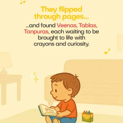 They flipped through pages and found Veeras, Tablas, and Tanpuras. Our 'Color and Learn with Little Bajo' book is designed to spark curiosity and introduce children to the world of Indian instruments.