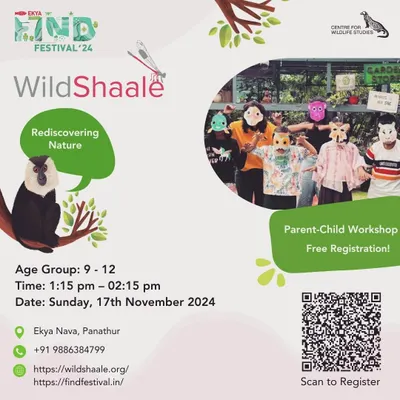 Children joyfully engaging in a WildShaale workshop, using animal masks to connect with nature. This parent-child program is designed to be a fun, hands-on hour of learning about India's biodiversity.