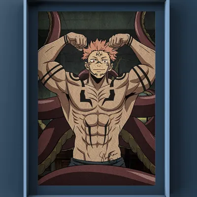A framed digital illustration of Ryomen Sukuna from the anime Jujutsu Kaisen. If you're a fan of anime or manga, I can create custom character art with sharp lines and dynamic colors.