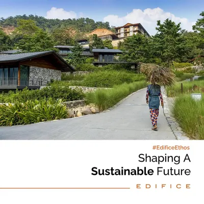 Our ethos is to shape a sustainable future by designing in harmony with the environment. This image from a hillside project shows how architecture can be gently placed within the landscape, respecting local ecology and communities.