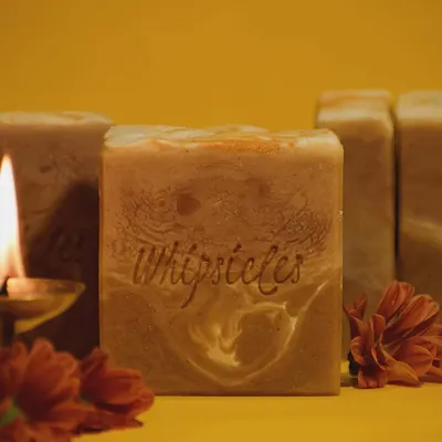 Our Saffron and Oudh Cold Process Soap, the first in our Diwali collection. Infused with turmeric and scented with the warmth of saffron and oudh, this bar is designed to bring a festive glow to your skin.