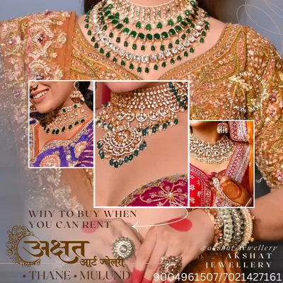 A collage showcasing why renting is a smart choice for your wedding. You can wear stunning, high-quality bridal jewellery like these beautiful Kundan and Polki sets without the commitment of buying.