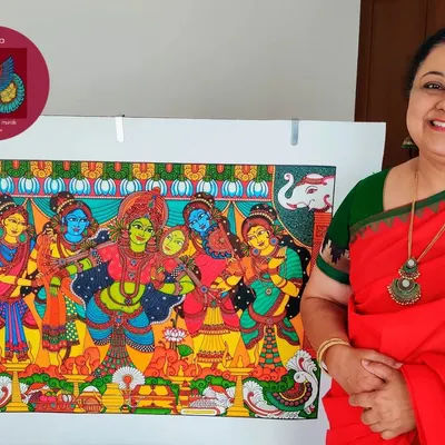 I am so happy to share my completed 'Parvati Alankaram' Kerala mural, a 3x2 feet canvas that took many hours of dedicated work. This piece, depicting Princess Parvati preparing for her wedding, showcases the traditional art form that is the foundation of all my creative work.