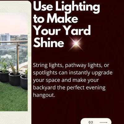 The right lighting can make your yard shine. I use elements like string lights, pathway lights, and spotlights to upgrade your space and make it the perfect evening hangout.