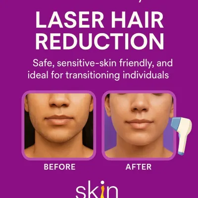 For many in our community, unwanted facial or body hair can be a source of dysphoria. This before and after image shows the real impact of our laser hair reduction treatment. We use technology that is safe and effective for transitioning individuals, helping you feel more aligned with your true self.