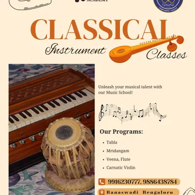 Explore the rich sounds of Indian classical instruments with us. Our programs include tabla, mridangam, veena, flute, and Carnatic violin, taught by experienced gurus.