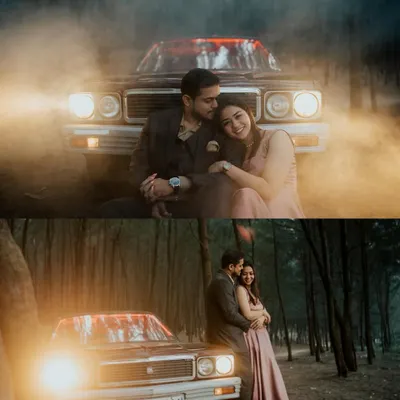 A dramatic pre-wedding shoot featuring a vintage car and atmospheric smoke. This collage shows both an intimate moment and a wider, more cinematic view of the setup.