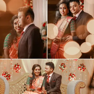 A collage of happy moments from a wedding reception, capturing the couple's joy as they pose for photos and enjoy their celebration.