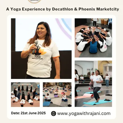 A snapshot of a vibrant yoga event hosted in partnership with Decathlon and Phoenix Marketcity, showcasing a mix of on-stage instruction and group participation.
