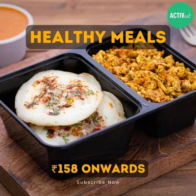 A perfect example of a healthy and hearty breakfast. This meal features savory uttapam paired with spiced egg bhurji, providing a balanced start to your day with ample protein.
